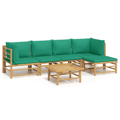 vidaXL 6-tlg. Garten-Lounge-Set mit Grünen Kissen - Gartenmöbel-Set aus langlebigem Bambus, ideal für entspannte Stunden im Freien. Mit dick gepolsterten Kissen für höchsten Sitzkomfort und einem praktischen Tisch für Snacks und Getränke.