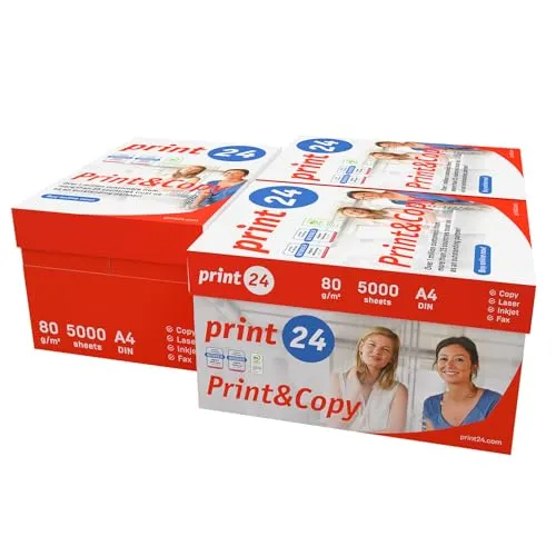 print24 Druckerpapier Kopierpapier 500-150000 Blatt A4 80g Premium Weiß - Hochwertiges print24 Druckerpapier für gestochen scharfe Ausdrucke. Ideal für Büro und Zuhause, mit 80 g Grammatur und hoher Opazität für klare Kopien. Zertifiziert und nachhaltig produziert.