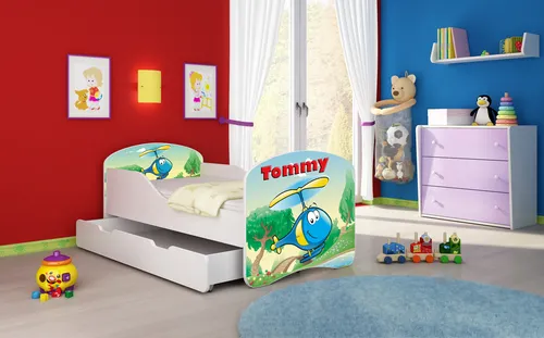ACMA I Jugendbett Kinderbett Junior-Bett Komplett-Set mit Matratze Lattenrost Weiß 35 Hubschrauber 140x70 + Bettkasten