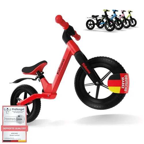 Kidiyana Kinder Laufrad ab 2 Jahren, Balance Bike rutschfeste Luftreifen, Komfortables Sitzpolster, RSA-Dämpfungssystem, Abgerundete Fußrasten, Schutzblech, Leicht & Langlebig, Sport Geschenke, Rot
