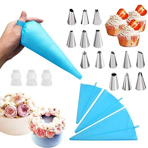 20er Pack Düsen und Spritzbeutel mit 3 wiederverwendbaren Spritzbeuteln/Zuckergussbeutel ，Mit 3 Kupplungen ， 14 Edelstahl-Kuchen-Rohrleitungsdüsen Tipps Kits.Cupcakes Decorating Kit Backzubehör.