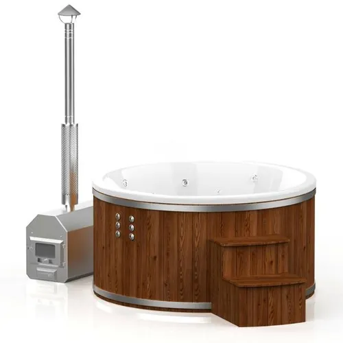 Whirlpool Badefass mit externem Holzofen - Luxuriöser Gartenpool - Genießen Sie Entspannung im Whirlpool mit externem Holzofen. Platz für 1-3 Personen, rundes Design aus hochwertigem Acryl und Holzrahmen für eine stilvolle Ergänzung Ihres Gartens.