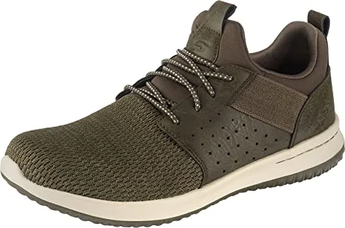 Skechers Herren Delson Camben Sneaker, Olive Mesh W Synthetic, 46 EU - Herren-Sneaker mit luftgekühlten Memory Foam Einlegesohlen für optimalen Komfort. Gummiband-Schnürung sorgt für eine individuelle Passform.
