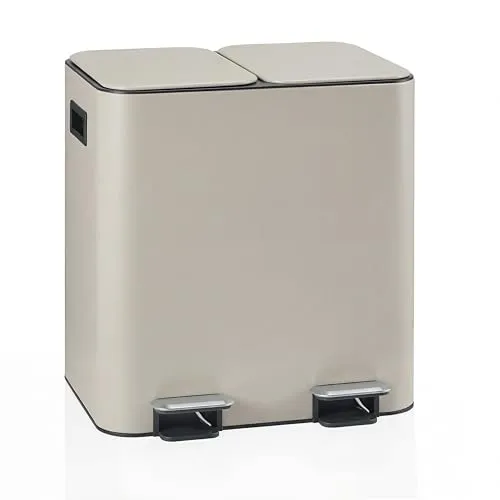 hjh OFFICE Mülleimer Clean 10 - 30L mit Step-On Mechanismus, beige - Eleganter 30L Mülleimer mit zwei Innenbehältern für einfache Mülltrennung. Hochwertiges Stahlgehäuse und leiser Soft-Close-Deckel sorgen für stilvolle Funktionalität im Büro und Zuhause.