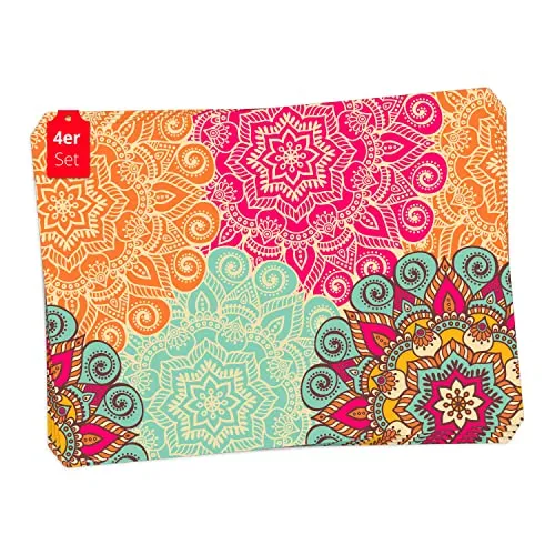 Tischset | Platzset abwaschbar - Bunte Mandalas - aus erstklassigem Vinyl (Kunststoff - BPA-frei) - 4 Stück - rutschfeste Tischunterlage mit zeitlosem Design - Tischmatte - Made in Germany