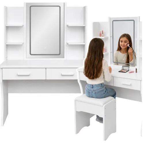 Kosmetiktisch mit LED-Spiegel und Ablagen, Weiß, 140 x 80