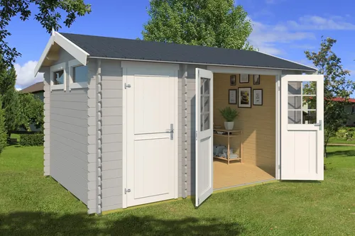 Gartenhaus Blockhaus William grau 400x270 cm - Robustes Gartenhaus mit Satteldach und 28 mm Wandstärke, ideal für die Nutzung als Lagerraum oder Rückzugsort im Garten. Inklusive abschließbarer Doppeltür und zwei Fenstern für optimale Belüftung.
