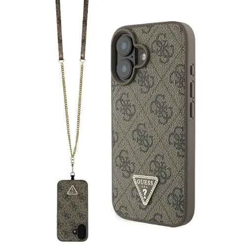 CG MOBILE Guess GUHCP16SP4TDSCPW Hülle für iPhone 16 - Handy-Umhängetaschen & Hüllen mit Umhängeband, stilvolle Hartschalenhülle aus Leder mit Metalllogo und Strass für zusätzlichen Glamour und Schutz.