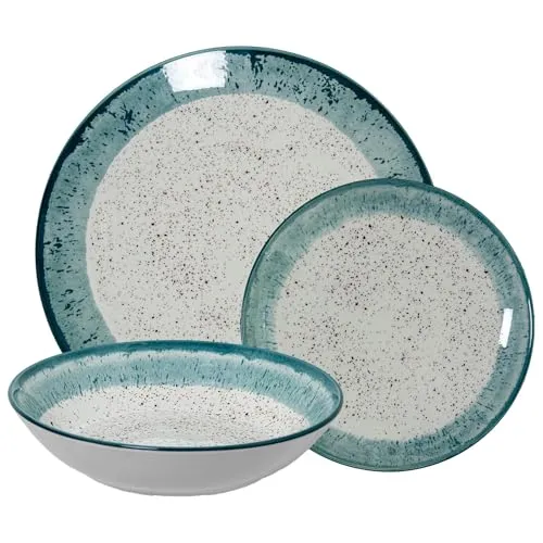 18-teiliges Tafelservice aus Porzellan mit gesprenkeltem Dekor und blauem Rand, Steinzeug, 26 x 6 x 26 cm