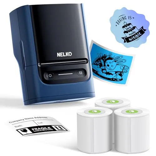Nelko PM220 Bluetooth Label Maker Machine With Tape, 2 Inch Portable Thermal Printer for Small Business, Logo, Clothing, Sticker for Phones & PC, With 3 Labels, Deep Blue