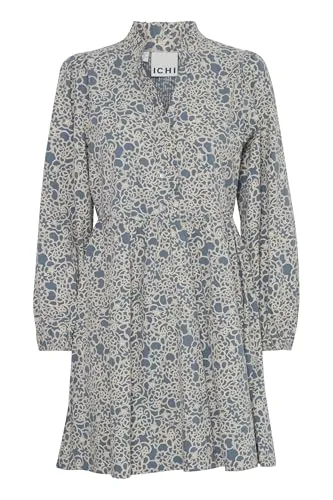 ICHI IHQWISSA Damen Kleid - Midikleid mit V-Ausschnitt und Rüsschen - Freizeitkleider für Damen, aus 100% nachhaltiger Baumwolle für höchsten Tragekomfort und modernen Casual Look.