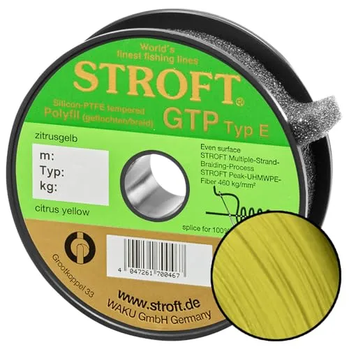 WAKU Stroft GTP Typ E geflochtene Angelschnur - 150m in zitrusgelb - Hochwertige geflochtene Angelschnur mit 9,50 kg Tragkraft, ideal für präzises Angeln und optimale Sichtbarkeit auf dem Wasser.