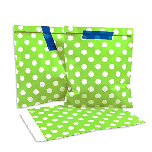 Frau WunderVoll® 100 PAPIERTÜTEN GRÜN, Punkte 13 x 16,5 cm, 45 Gramm Papier, flach / Candy Bar, Hochzeit, Kindergeburtstag, Papiertütchen, Candybag, Tüten, Mitgebseltüten