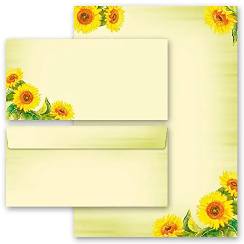 Briefpapier Set, 20 tlg. Blumen & Blüten, SUNFLOWERS 10 Blatt Briefpapier + 10 passende Briefumschläge DIN LANG ohne Fenster | Paper-Media