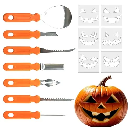 Adrilo 7-teiliges Halloween Kürbis Schnitzset; 6 Schnitzvorlagen zum Gruseln, Werkzeug aus robustem Edelstahl; Schnitzwerkzeug-Set zum Schnitzen von Halloweenkürbissen für Kinder und Erwachsene