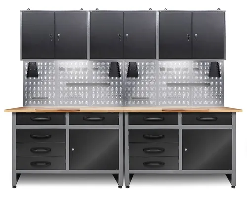 ONDIS24 Werkstatt-Set Werner 240 cm mit 3 Schränken und LED - Robustes Werkstatt-Set mit 10 Schubladen und 8 Türen. Ideal für Ordnung und Übersichtlichkeit in Ihrer Werkstatt. Modernes Design in Schwarz mit praktischer LED-Beleuchtung.