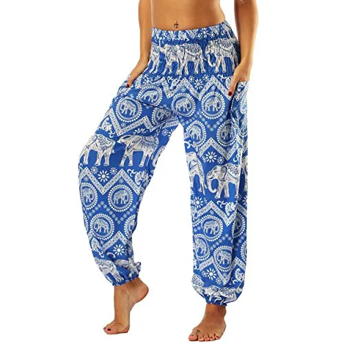 Nuofengkudu Frau Hippie Harems Hose Pumphose Haremshose Aladdinhosen Boho Gemustert Gesmockte Taille mit Taschen Yogahose Freizeithose Sommerhose Strandhose Blau Elefant