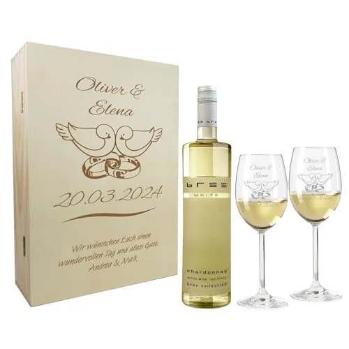 laser-diele Geschenk zur Hochzeit – Wein Geschenksets – Weinglas mit Gravur – Geschenke für Paare – Weißwein – Tauben und Ringe