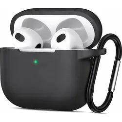 AirPods 3 Silikon Schutzhülle mit Karabiner, Soft Touch Case, stoßfeste Hülle, rutschfest, 360° Schutz, Schwarz - Schwarz