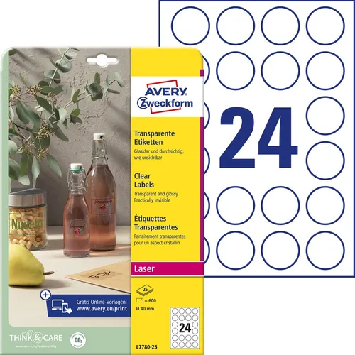 Zweckform Folienetiketten L7780-25 - 600 transparente, runde Etiketten, wetterfest und ideal für edle Kennzeichnung von Gläsern und Flaschen