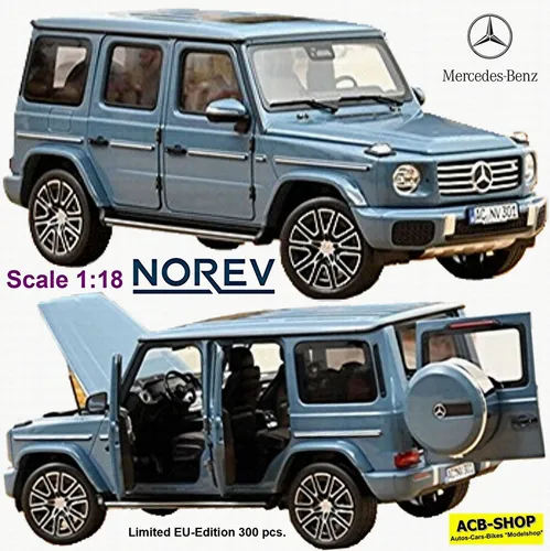 Mercedes G-Klasse G-Modell 2024 - Vintage Blau 1:18 Modellauto von Norev - Detailgetreues 1:18 Modellauto der Mercedes G-Klasse in vintage blau, mit offenen Türen und Haube, ideal für Sammler und Liebhaber.