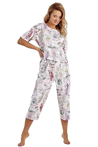 Mademoiselle Sommeil Damen Capri Schlafanzug | Weiß mit Geblümtem Allover-Druck | Pyjama aus 100% Baumwolle | Elegant & Bequem