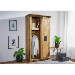 Massivmoebel24 Dreh- / Schwebetürenschrank RAILWAY #116 - Schrank aus erlesenem Mango-Holz im Used-Look, 100x60x190 cm, mit schwerer Schiebetür für eine stilvolle Präsentation Ihrer Kleidung und einen einzigartigen Raumakzent.