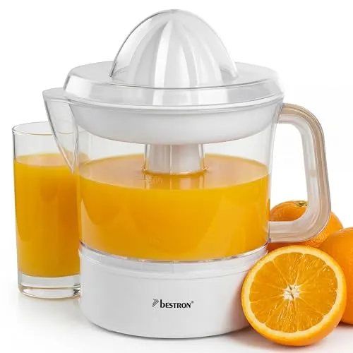 Bestron elektrische Zitrus- & Orangenpresse, inkl. 2 Presskegel und Aromadeckel, Motor mit zwei Drehrichtungen (links/rechts), Füllmenge: 0.7 Liter, Nordic Home Kollektion, Farbe: Mattweiß/Holz