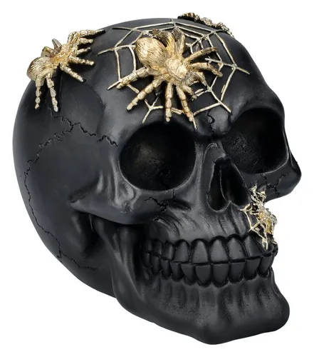Produktbild Figuren Shop GmbH Dekofigur Totenkopf Figur schwarz-gold mit Spinnen