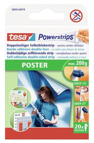 tesa Klebehaken POWERSTRIPS - 20 doppelseitige Klebestreifen in Weiß, perfekt für bohrfreies Anbringen von Postern und Bildern