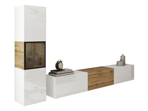 Mirjan24 Wohnwand Bentlor I, Mediawand, Schrankwand, im Set Vitrine, TV-Lowboard, Anbauwand kann aufgestellt BZW. aufgehängt Werden (Weiß/Weiß Hochglanz + Wotan Eiche, ohne Beleuchtung)