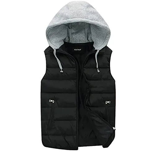 YOUTHUP Herren Steppweste mit Kapuze Leicht Winterweste Outdoor Dicke Freizeit Gilet Ärmellos Jacke Sport Weste, Schwarz, L