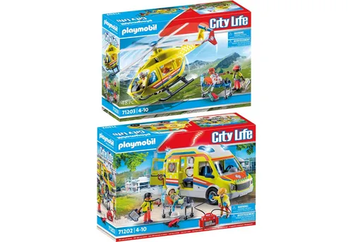 PLAYMOBIL 2er-Set Rettungswagen + Rettungshelikopter - Spannendes PLAYMOBIL 2er-Set mit Rettungswagen und -hubschrauber. Beide Fahrzeuge verfügen über bewegliche Teile und umfangreiches Zubehör für aufregende Rettungseinsätze. Ideal für kreative Rollenspiele!