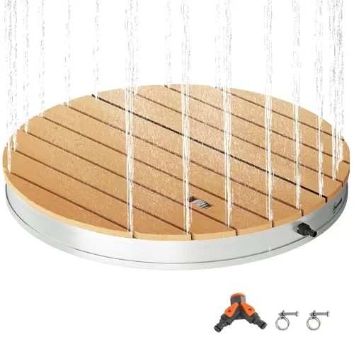 Outsunny Bodendusche Gartendusche mit einstellbar Fußrad Aluminium Aussendusche bis 4 m Fontänenhöhe Ø70,5 cm Saunadusche Holzoptik rutschfeste Wetterfest Outdoor Campingdusche für Pool Sauna