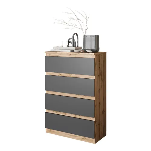 Hohe Kommode Gabriel 4 Schubladen – Eiche Wotan / Anthrazit, 92 cm