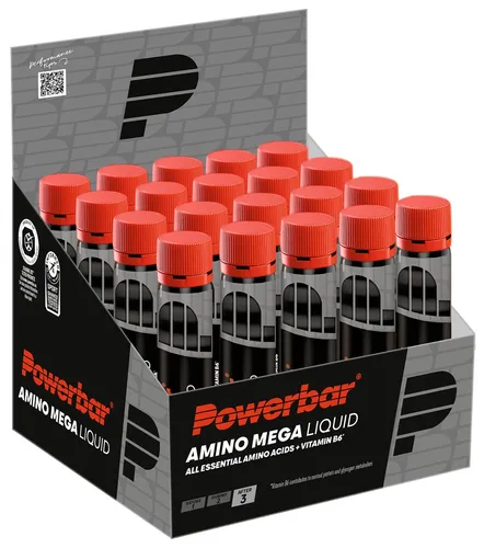 Powerbar Amino Mega Liquid - 20x25ml - Vitamin B6 - Verzweigtkettige Aminosäuren (BCAA) für optimalen Muskelaufbau, enthält alle 9 essentiellen Aminosäuren und unterstützt mit Vitamin B6 den Eiweiß- und Glycogenstoffwechsel.