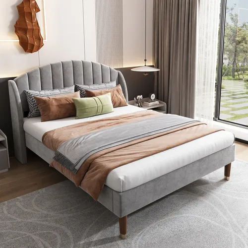Sweiko Polsterbett Doppelbett mit Lattenrost und hohem Kopfteil, Samt, grau, 160*200cm