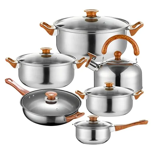 Retoo Edelstahl Topfset 12-teilig mit Glasdeckeln und braunen Griffen