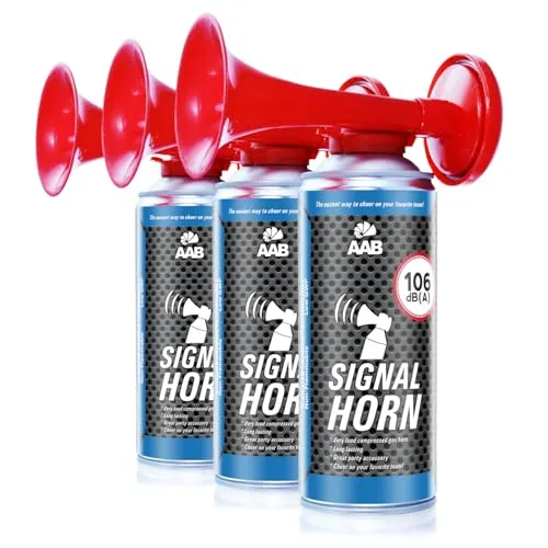 3x AABCOOLING Signal Horn, 106 dB(A) bis zu 120 kurze Pieptöne, nicht brennbares Gas, Fußball Tröte, Gashorn, Pressluft Hupe, Fanfare, Signalhorn, Lufthupe, Gasfanfare, Fanpaket