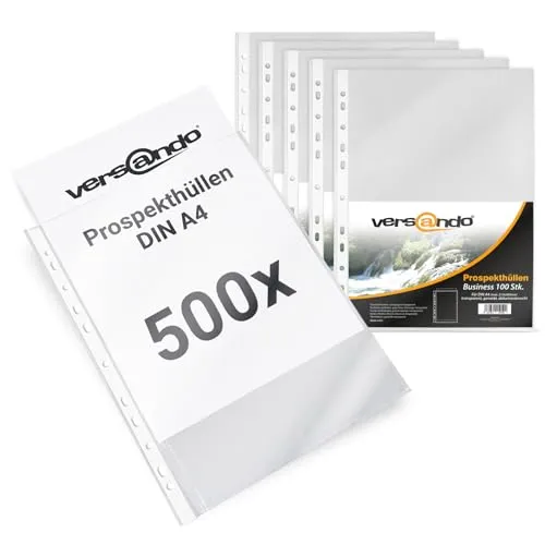 versando 500x A4 Prospekthüllen Business mit Heftrand Klarsichthüllen genarbt transparent 60my (5x 100 Stück)