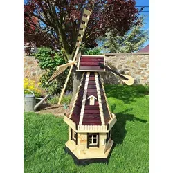 Holzdekoladen Deko-Windrad 1,45 m Holzwindmühle mit Solarbeleuchtung Typ 7.1 braun