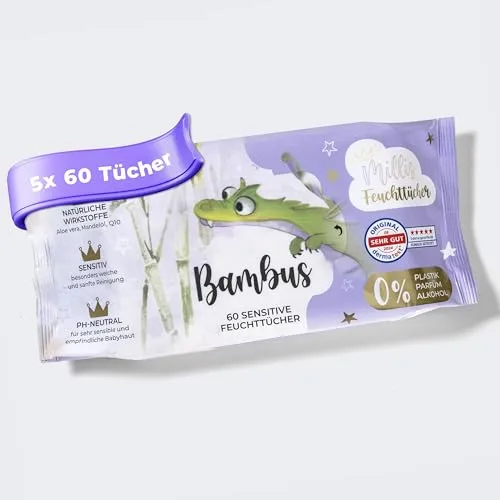 Millis Bambus Feuchttücher Baby Sensitive für empfindliche Babyhaut – 5x60 Stück – Natürliche, sanfte & nachhaltige Reinigung – Feuchttuch Baby biologisch abbaubar, ohne Plastik & Alkohol