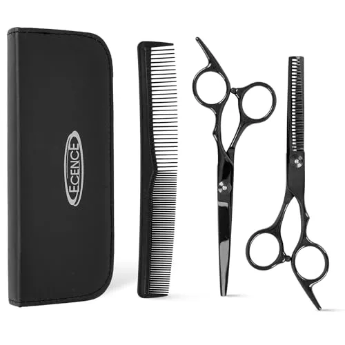 ECENCE Friseurscheren Set mit Tasche - hochwertige Haarschneideschere, Effilierschere aus Edelstahl mit Haarschneidekamm - für präzises Schneiden & Stylen