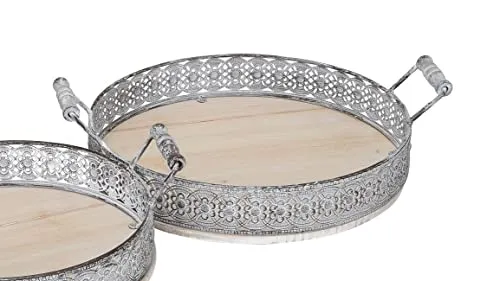 ETC dekoratives Tablett - Rundes Deko-Tablett mit Griffen - Dekoschalen in Vintage Landhaus Optik, aus Holz und Metall, vielseitig nutzbar als Tablett oder Kerzenteller, ideal für eine stilvolle Tischdekoration.