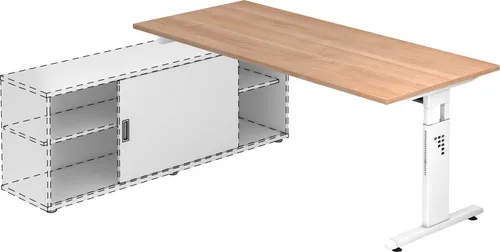 Hammerbacher Anbauschreibtisch T-Fuß 180x80cm Nussbaum - Kinderschreibtisch OSE19, 180 x 80 cm mit hochwertiger Nussbaumplatte; Höhenverstellbar für ergonomisches Arbeiten und integrierte Kabelmanagement-Lösungen.