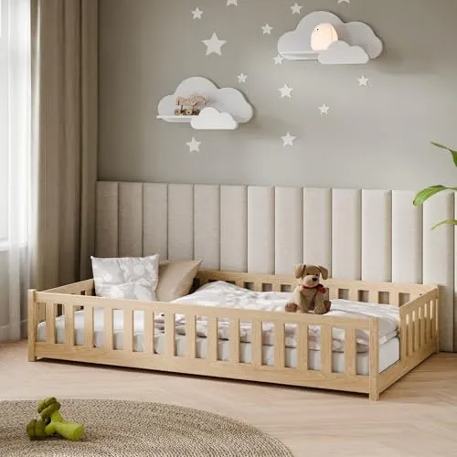 Kids Collective Kinderbett Bodenbett mit Rausfallschutz & Lattenrost Montessori Bett Bed Gitterbett Kinder Jugendbett Einzelbett | 120x200 cm | Natur