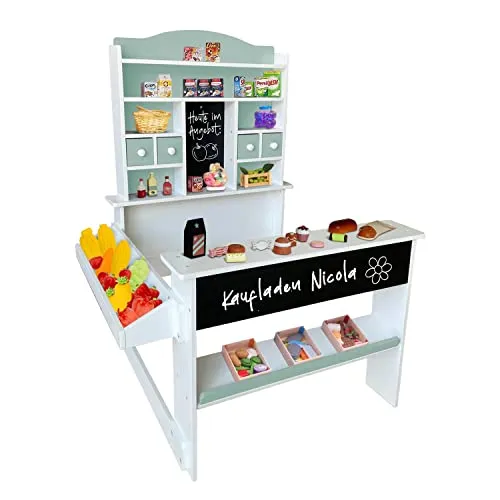 Coemo Kaufladen Nicola - Holz Kaufmannsladen für Kinder - Kaufläden & Zubehör - Kreativer Kaufmannsladen aus Holz fördert Rollenspiele und soziale Fähigkeiten. Mit viel Stauraum und einer Schreibtafel für Angebote, ideal für Kinder ab 3 Jahren.