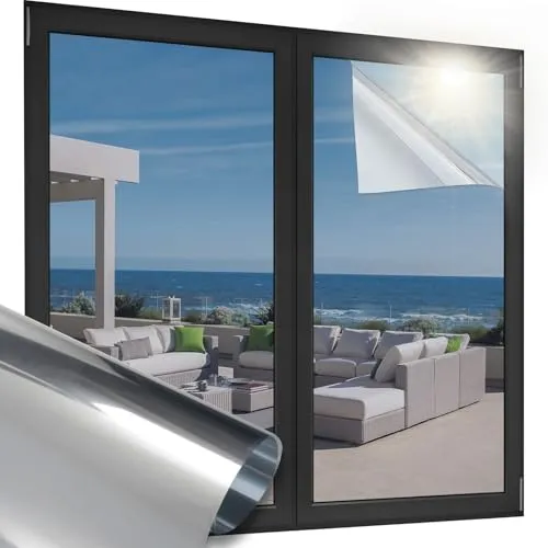 OFHome Spiegelfolie Selbstklebend Sichtschutz, Fensterfolie Blickdicht von Aussen, UV-Schutz Sonnenschutzfolie, Wärmeisolierung Thermofolie Fenster Gegen hitze mit Kleber, Silber, 40x200cm