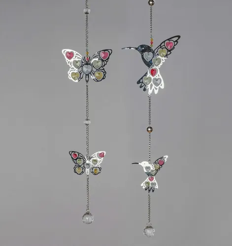 formano Hängedekoration Vogel & Schmetterling, Silber - 2er Set silberne Dekohänger mit bunten Akzenten, ideal für festliche Fensterdeko. Perfekt für die Weihnachtszeit, Länge 50 cm, sorgt für eine charmante Atmosphäre.