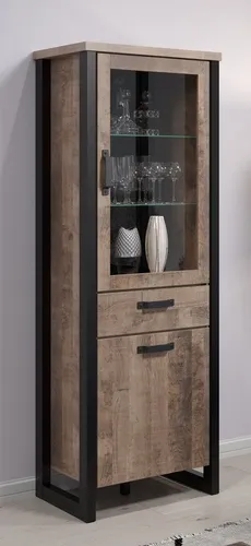 trendteam Vitrine Hochschrank Emile klein, Eiche Tabak / Schwarz - Vitrinenschrank mit 1 Tür und 2 Glaseinlegeböden, modernes Design und viel Stauraum, nachhaltig aus Holzwerkstoff (FSC 70%) gefertigt.
